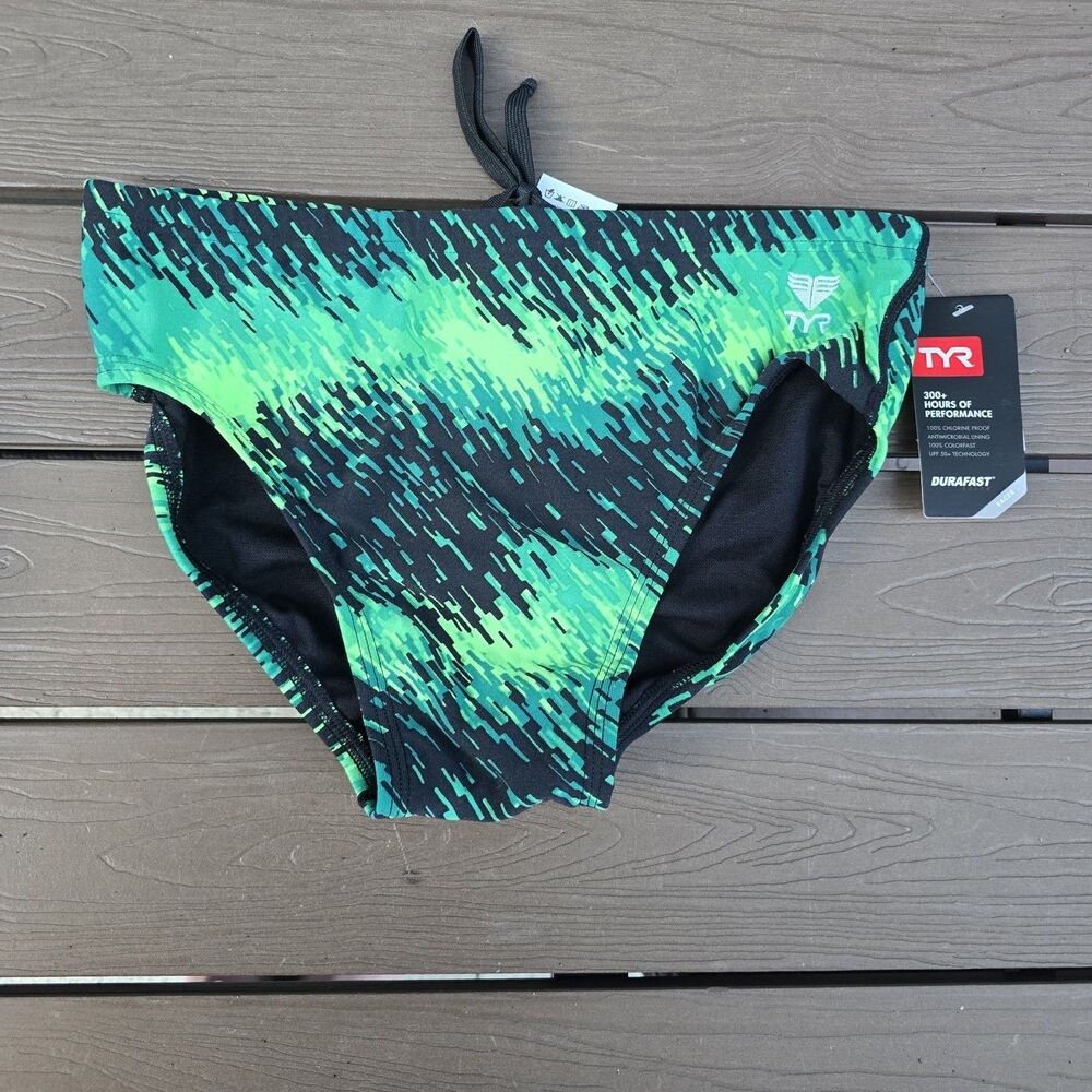 TYR Durafast Elite Perseus Black/Green All Over Racer Briefs, Men Size 30 NEW